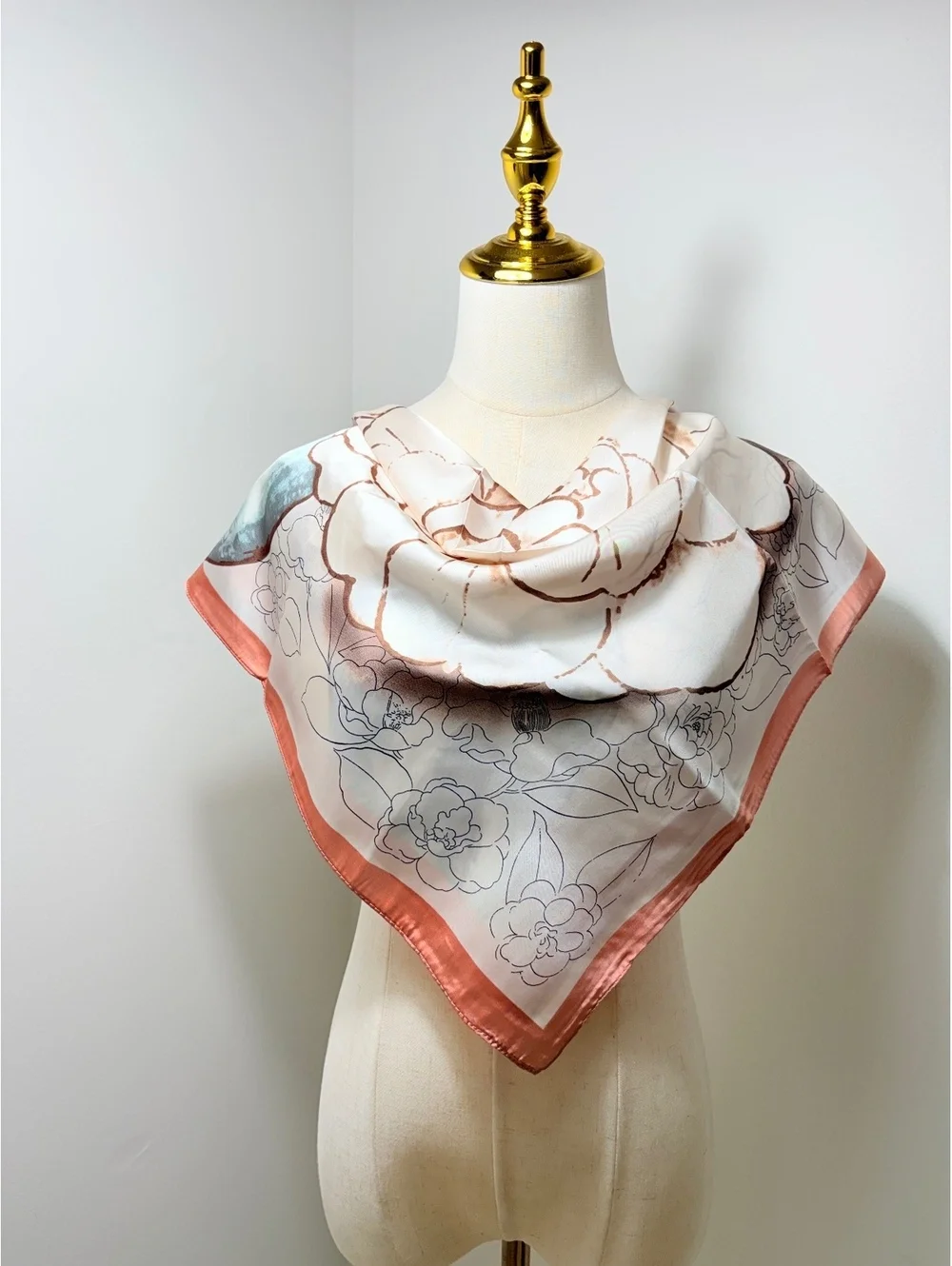 Elegant Floral Print Scarf with Coral Border
